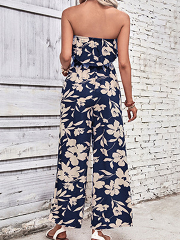 Playsuits- Floral Wide-Leg Strapless Jumpsuit | Tube Top Pantsuit- - Pekosa Women Clothing