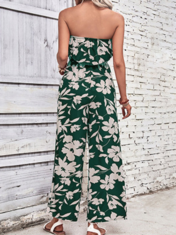 Playsuits- Floral Wide-Leg Strapless Jumpsuit | Tube Top Pantsuit- - Pekosa Women Clothing