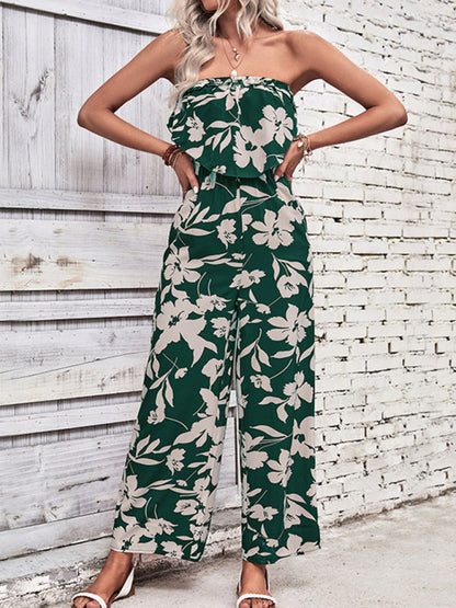 Playsuits- Floral Wide-Leg Strapless Jumpsuit | Tube Top Pantsuit- - Pekosa Women Clothing