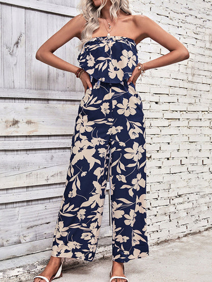 Playsuits- Floral Wide-Leg Strapless Jumpsuit | Tube Top Pantsuit- - Pekosa Women Clothing