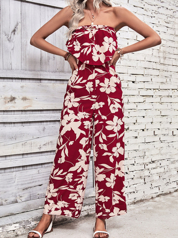 Playsuits- Floral Wide-Leg Strapless Jumpsuit | Tube Top Pantsuit- - Pekosa Women Clothing