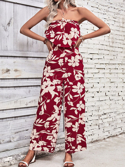 Playsuits- Floral Wide-Leg Strapless Jumpsuit | Tube Top Pantsuit- Wine Red- Pekosa Women Clothing