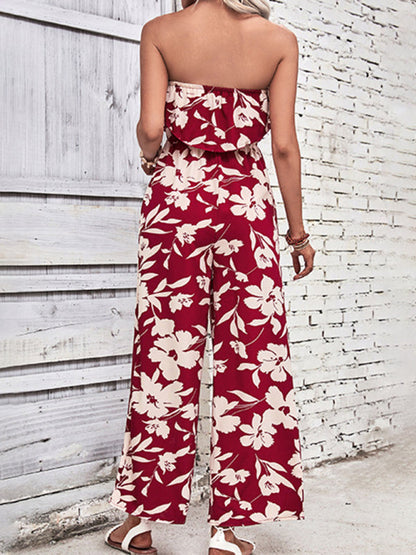 Playsuits- Floral Wide-Leg Strapless Jumpsuit | Tube Top Pantsuit- - Pekosa Women Clothing