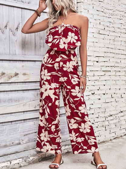 Playsuits- Floral Wide-Leg Strapless Jumpsuit | Tube Top Pantsuit- - Pekosa Women Clothing