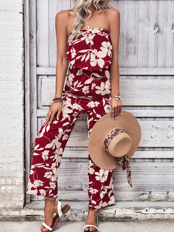 Playsuits- Floral Wide-Leg Strapless Jumpsuit | Tube Top Pantsuit- - Pekosa Women Clothing