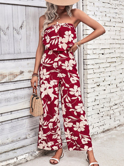 Playsuits- Floral Wide-Leg Strapless Jumpsuit | Tube Top Pantsuit- - Pekosa Women Clothing