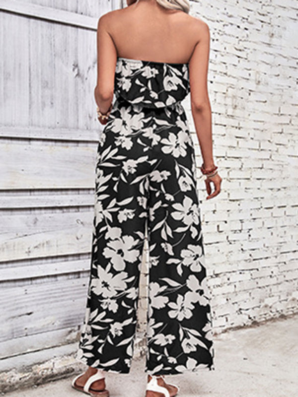 Playsuits- Floral Wide-Leg Strapless Jumpsuit | Tube Top Pantsuit- - Pekosa Women Clothing