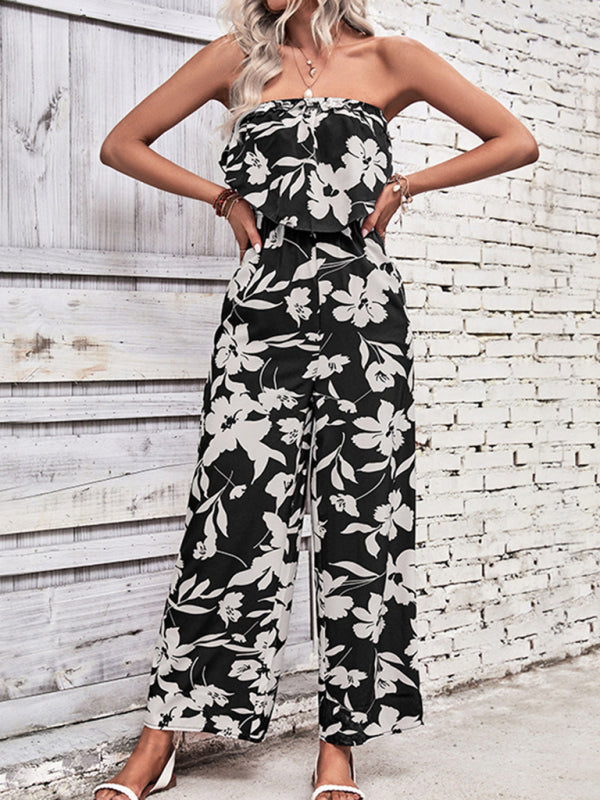 Playsuits- Floral Wide-Leg Strapless Jumpsuit | Tube Top Pantsuit- - Pekosa Women Clothing