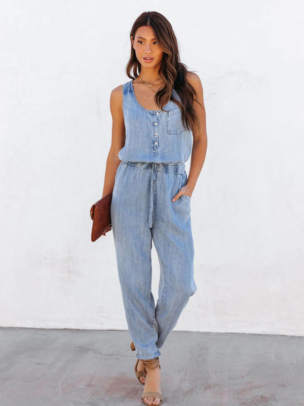 Playsuits- Gathered Waist Sleeveless Jumpsuit | Washed Denim Jeans Pencil Playsuit- - Pekosa Women Clothing