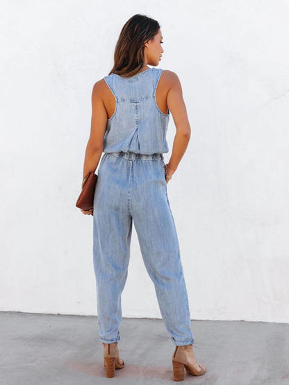 Playsuits- Gathered Waist Sleeveless Jumpsuit | Washed Denim Jeans Pencil Playsuit- - Pekosa Women Clothing