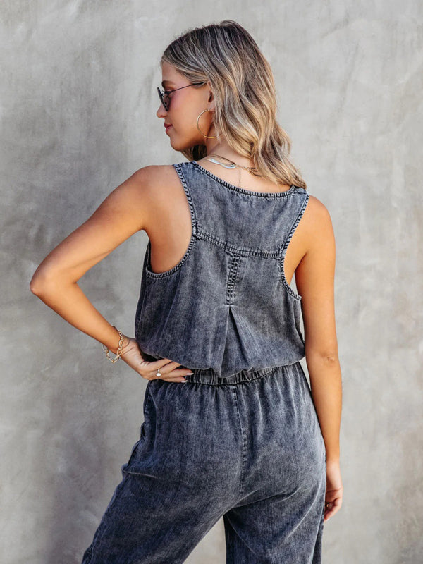 Playsuits- Gathered Waist Sleeveless Jumpsuit | Washed Denim Jeans Pencil Playsuit- - Pekosa Women Clothing