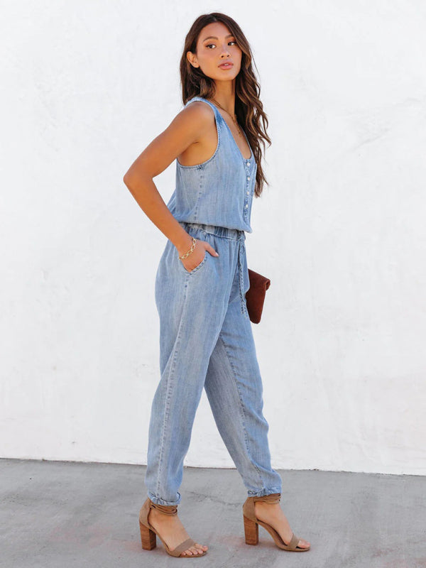 Playsuits- Gathered Waist Sleeveless Jumpsuit | Washed Denim Jeans Pencil Playsuit- - Pekosa Women Clothing