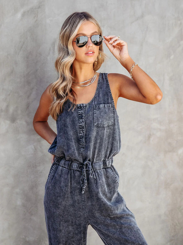 Playsuits- Gathered Waist Sleeveless Jumpsuit | Washed Denim Jeans Pencil Playsuit- - Pekosa Women Clothing