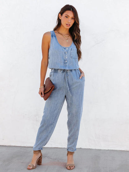 Playsuits- Gathered Waist Sleeveless Jumpsuit | Washed Denim Jeans Pencil Playsuit- - Pekosa Women Clothing