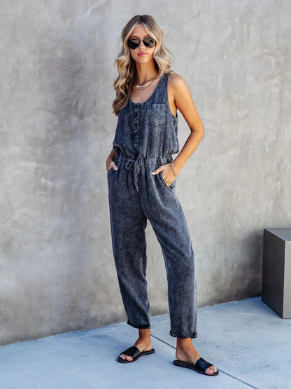 Playsuits- Gathered Waist Sleeveless Jumpsuit | Washed Denim Jeans Pencil Playsuit- Black- Pekosa Women Clothing