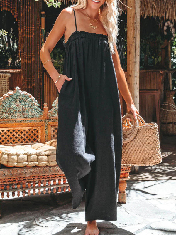 Playsuits- Loose Full-Length Playsuit - Solid Cotton Linen Cami Jumpsuit- Black- Pekosa Women Clothing