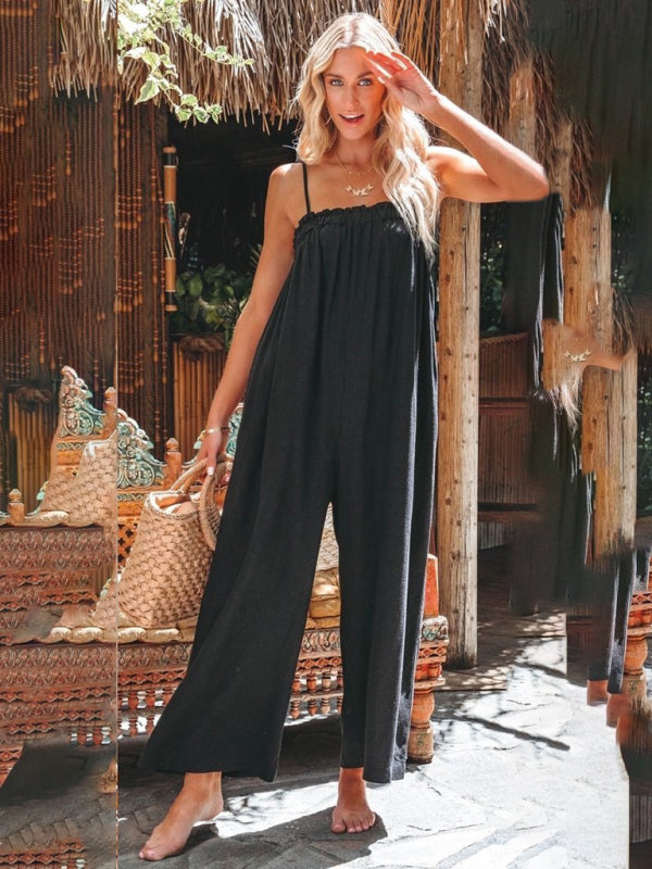 Playsuits- Loose Full-Length Playsuit - Solid Cotton Linen Cami Jumpsuit- - Pekosa Women Clothing
