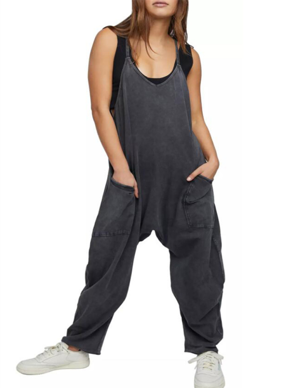 Playsuits- Solid Baggy Bib Overalls with Handy Pockets - Everyday Playsuit- Black- Pekosa Women Clothing