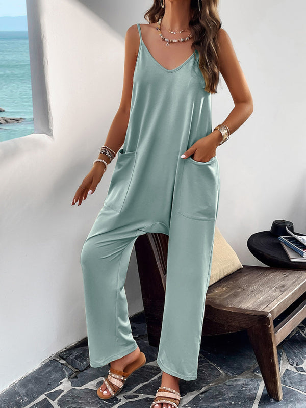 Playsuits- Solid Cotton Baggy Bib Overalls - Go-To Playsuit with Pockets- Green- Pekosa Women Clothing