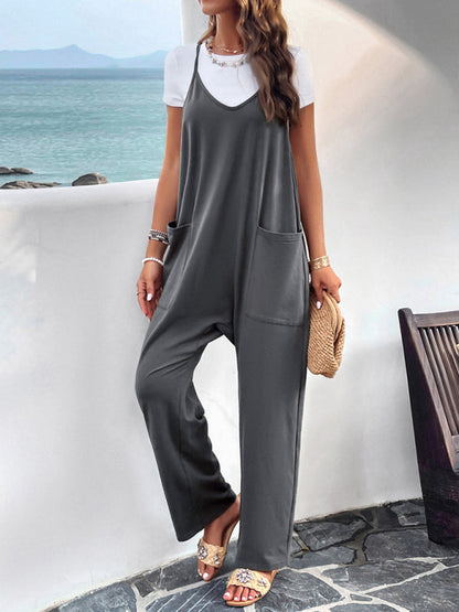 Playsuits- Solid Cotton Baggy Bib Overalls - Go-To Playsuit with Pockets- Charcoal grey- Pekosa Women Clothing