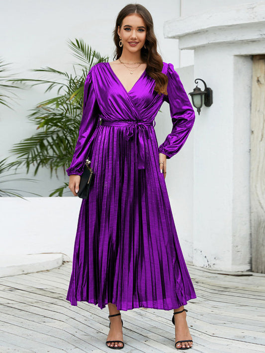Pleated Dresses- Cocktail Glossy Satin Surplice Neck Pleated Belt-Tie Open Back Dress- Purple- Pekosa Women Clothing