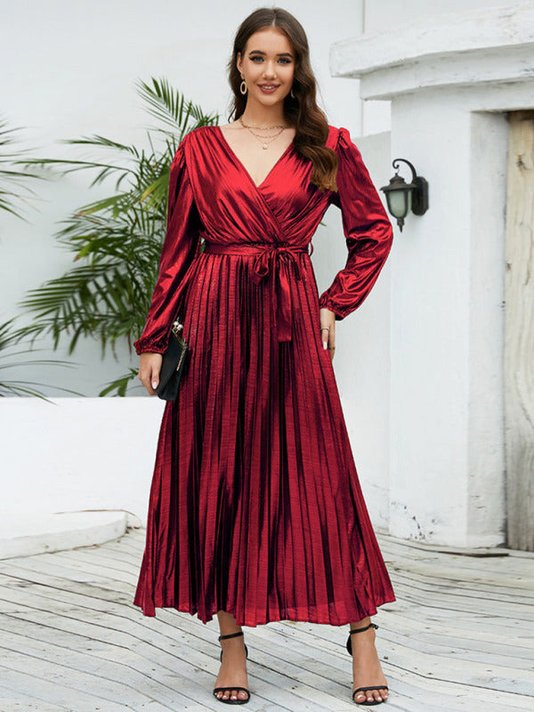 Pleated Dresses- Cocktail Glossy Satin Surplice Neck Pleated Belt-Tie Open Back Dress- Red- Pekosa Women Clothing