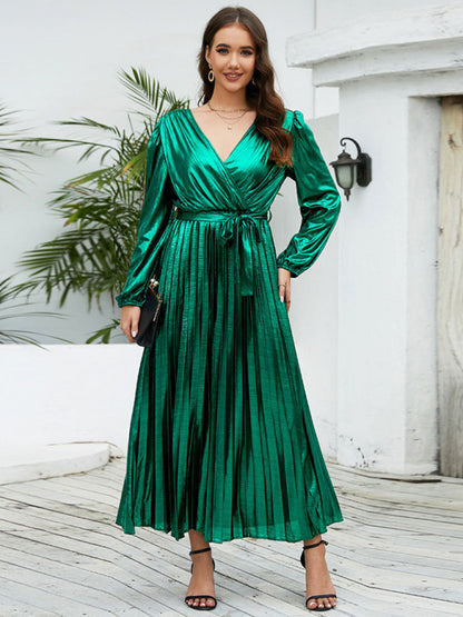 Pleated Dresses- Cocktail Glossy Satin Surplice Neck Pleated Belt-Tie Open Back Dress- Green- Pekosa Women Clothing