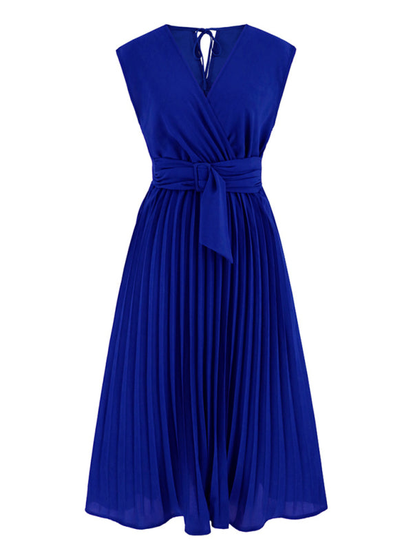 Pleated Dresses- Cocktail Party Belted V-Neck Tea Dress- - Pekosa Women Clothing