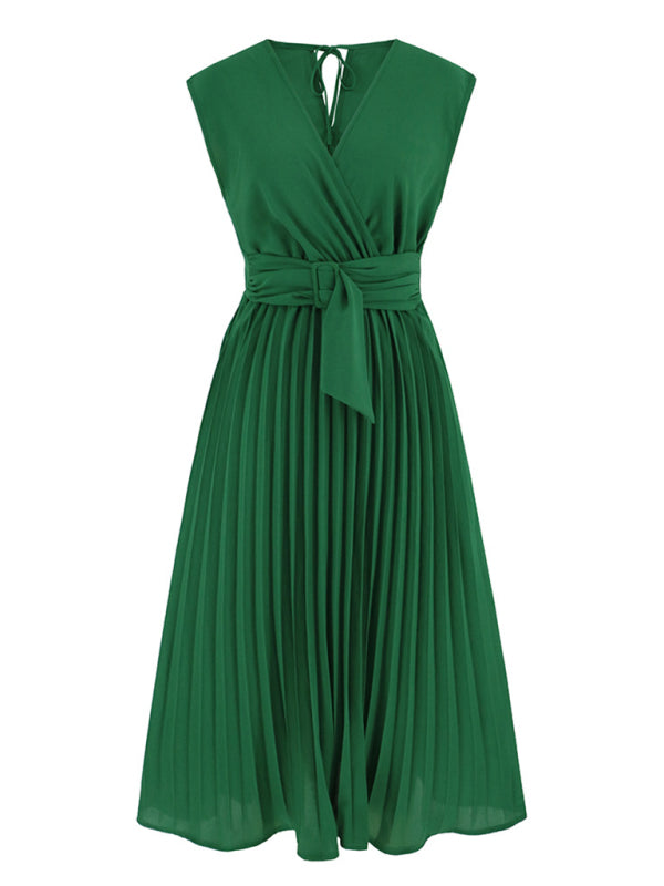 Pleated Dresses- Cocktail Party Belted V-Neck Tea Dress- - Pekosa Women Clothing