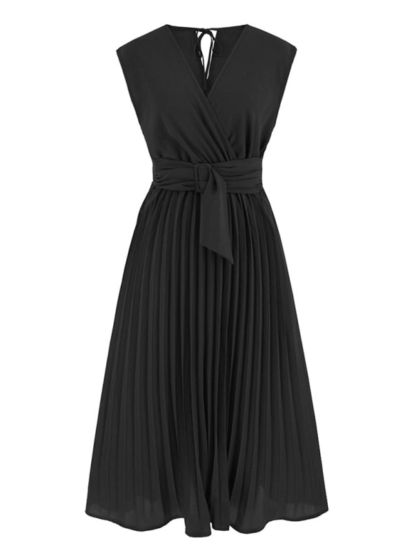 Pleated Dresses- Cocktail Party Belted V-Neck Tea Dress- - Pekosa Women Clothing