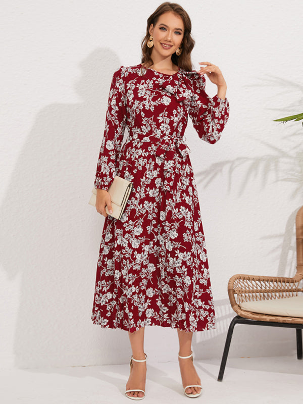 Pleated Dresses- Fall Floral Pleated Belt-Tie Bow Midi Dress- Wine Red- Pekosa Women Clothing