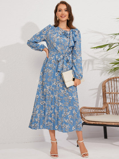 Pleated Dresses- Fall Floral Pleated Belt-Tie Bow Midi Dress- Blue- Pekosa Women Clothing