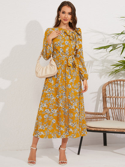 Pleated Dresses- Fall Floral Pleated Belt-Tie Bow Midi Dress- Yellow- Pekosa Women Clothing