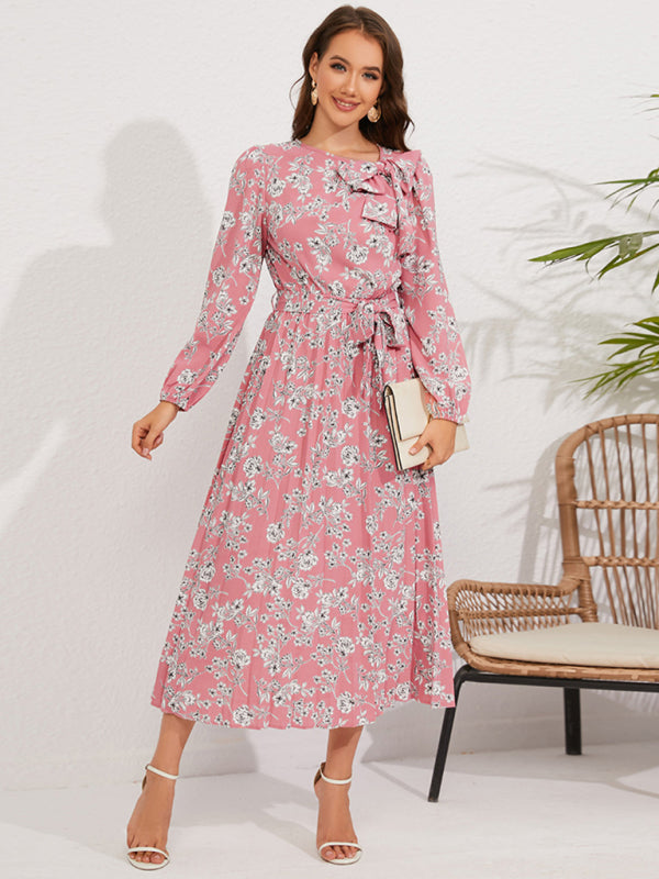 Pleated Dresses- Fall Floral Pleated Belt-Tie Bow Midi Dress- Pink- Pekosa Women Clothing