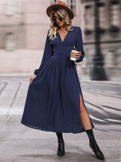 Pleated Dresses- Fall/Winter Bowknot Back V Neck Pleated Dress- - Pekosa Women Clothing