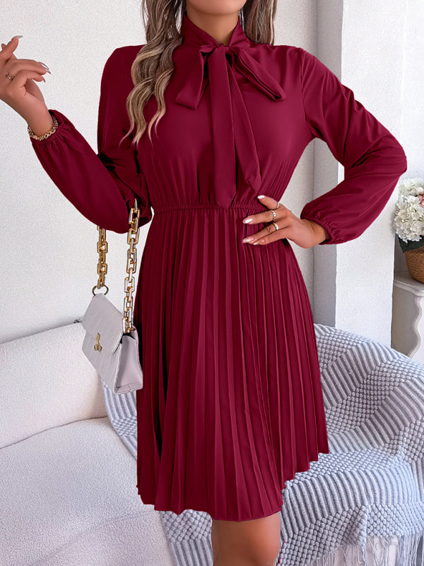 Pleated Dresses- Fall-Winter Solid High Neck Bishop Sleeve Pleated Dress- - Pekosa Women Clothing