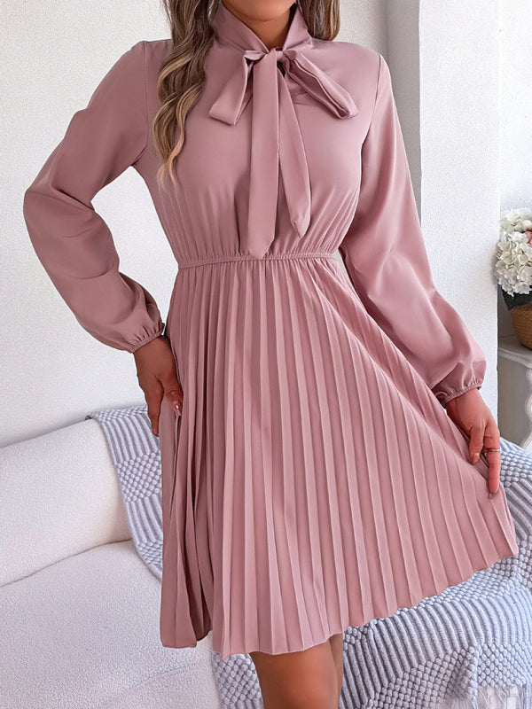 Pleated Dresses- Fall-Winter Solid High Neck Bishop Sleeve Pleated Dress- - Pekosa Women Clothing