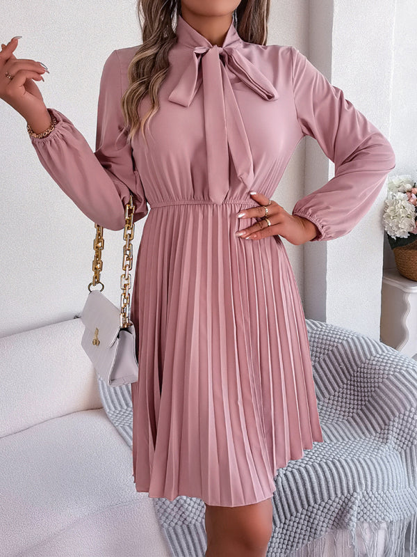 Pleated Dresses- Fall-Winter Solid High Neck Bishop Sleeve Pleated Dress- - Pekosa Women Clothing