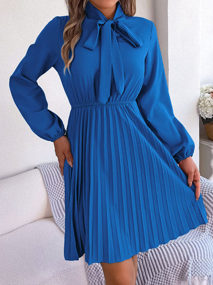 Pleated Dresses- Fall-Winter Solid High Neck Bishop Sleeve Pleated Dress- Royal blue- Pekosa Women Clothing