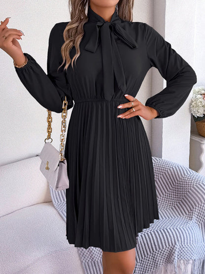 Pleated Dresses- Fall-Winter Solid High Neck Bishop Sleeve Pleated Dress- - Pekosa Women Clothing