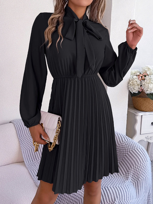 Pleated Dresses- Fall-Winter Solid High Neck Bishop Sleeve Pleated Dress- - Pekosa Women Clothing