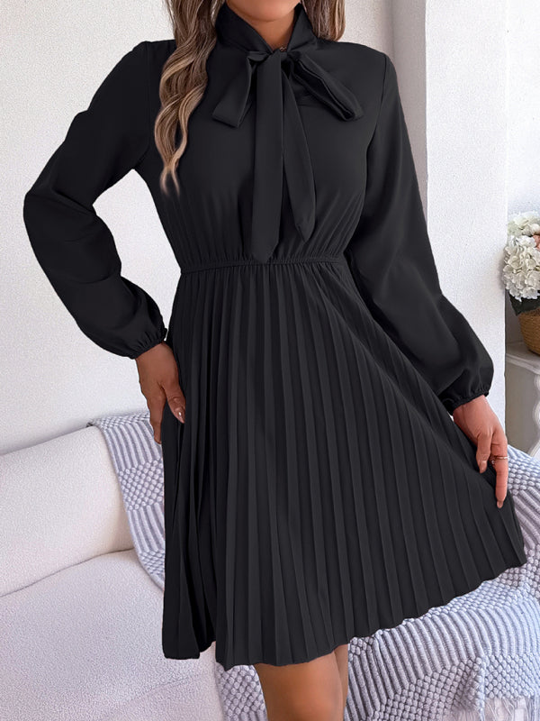 Pleated Dresses- Fall-Winter Solid High Neck Bishop Sleeve Pleated Dress- - Pekosa Women Clothing