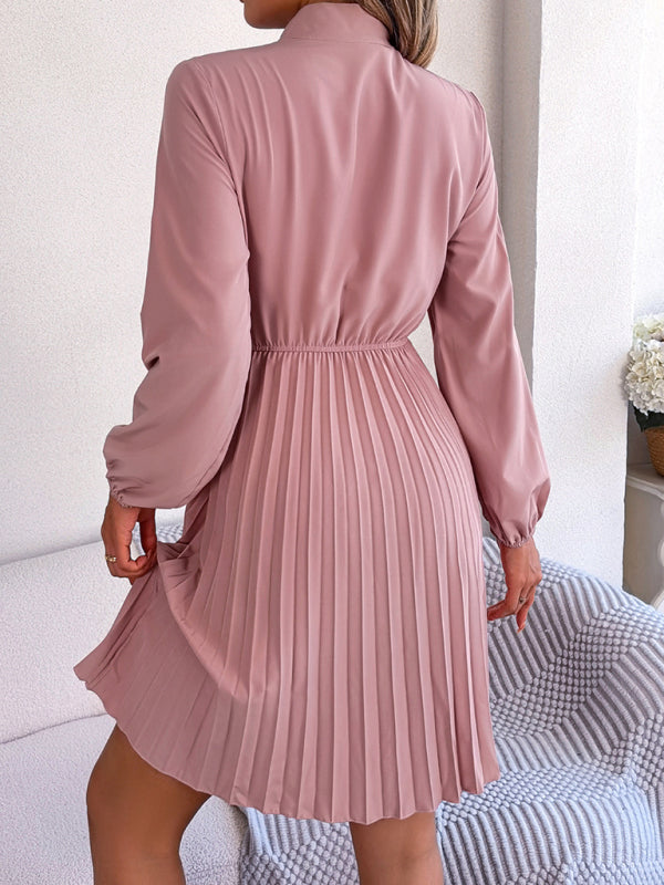 Pleated Dresses- Fall-Winter Solid High Neck Bishop Sleeve Pleated Dress- - Pekosa Women Clothing