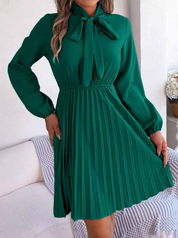 Pleated Dresses- Fall-Winter Solid High Neck Bishop Sleeve Pleated Dress- - Pekosa Women Clothing