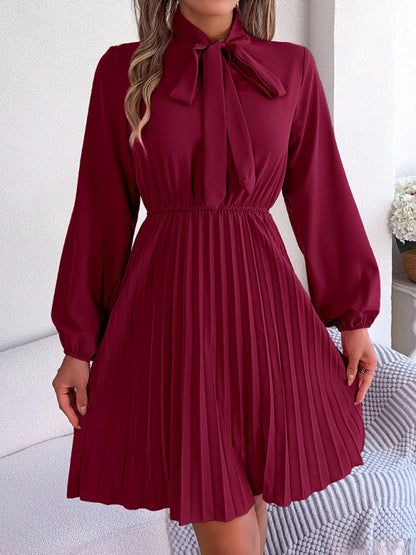 Pleated Dresses- Fall-Winter Solid High Neck Bishop Sleeve Pleated Dress- - Pekosa Women Clothing