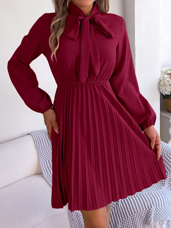 Pleated Dresses- Fall-Winter Solid High Neck Bishop Sleeve Pleated Dress- - Pekosa Women Clothing