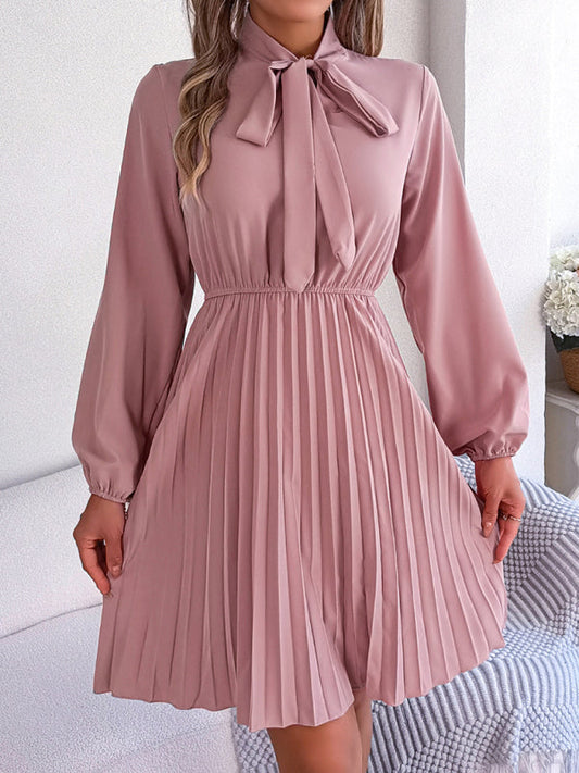 Pleated Dresses- Fall-Winter Solid High Neck Bishop Sleeve Pleated Dress- Pink- Pekosa Women Clothing