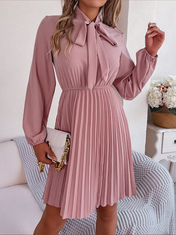 Pleated Dresses- Fall-Winter Solid High Neck Bishop Sleeve Pleated Dress- - Pekosa Women Clothing