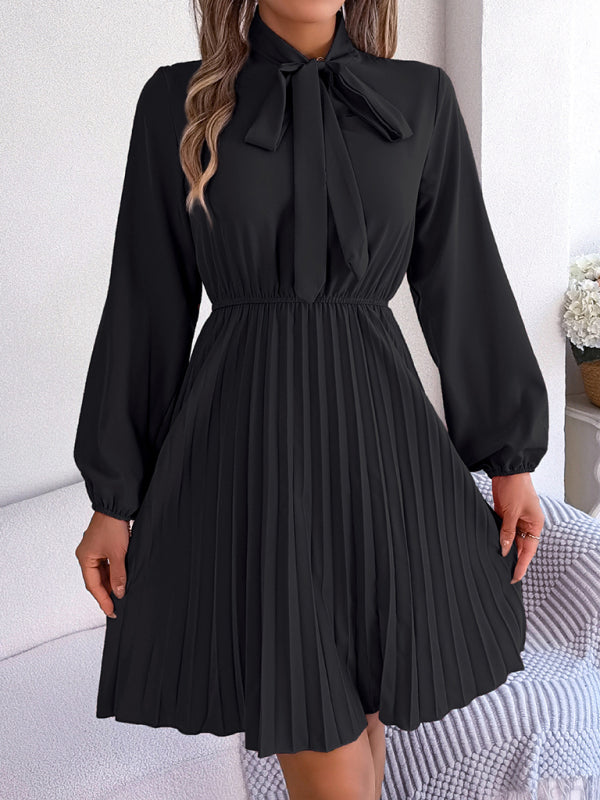 Pleated Dresses- Fall-Winter Solid High Neck Bishop Sleeve Pleated Dress- Black- Pekosa Women Clothing