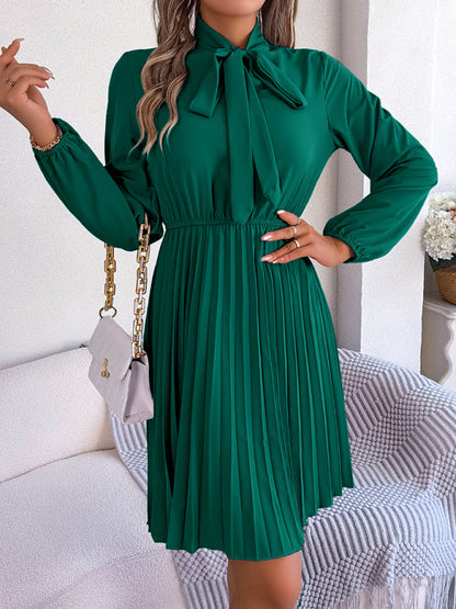 Pleated Dresses- Fall-Winter Solid High Neck Bishop Sleeve Pleated Dress- Green- Pekosa Women Clothing